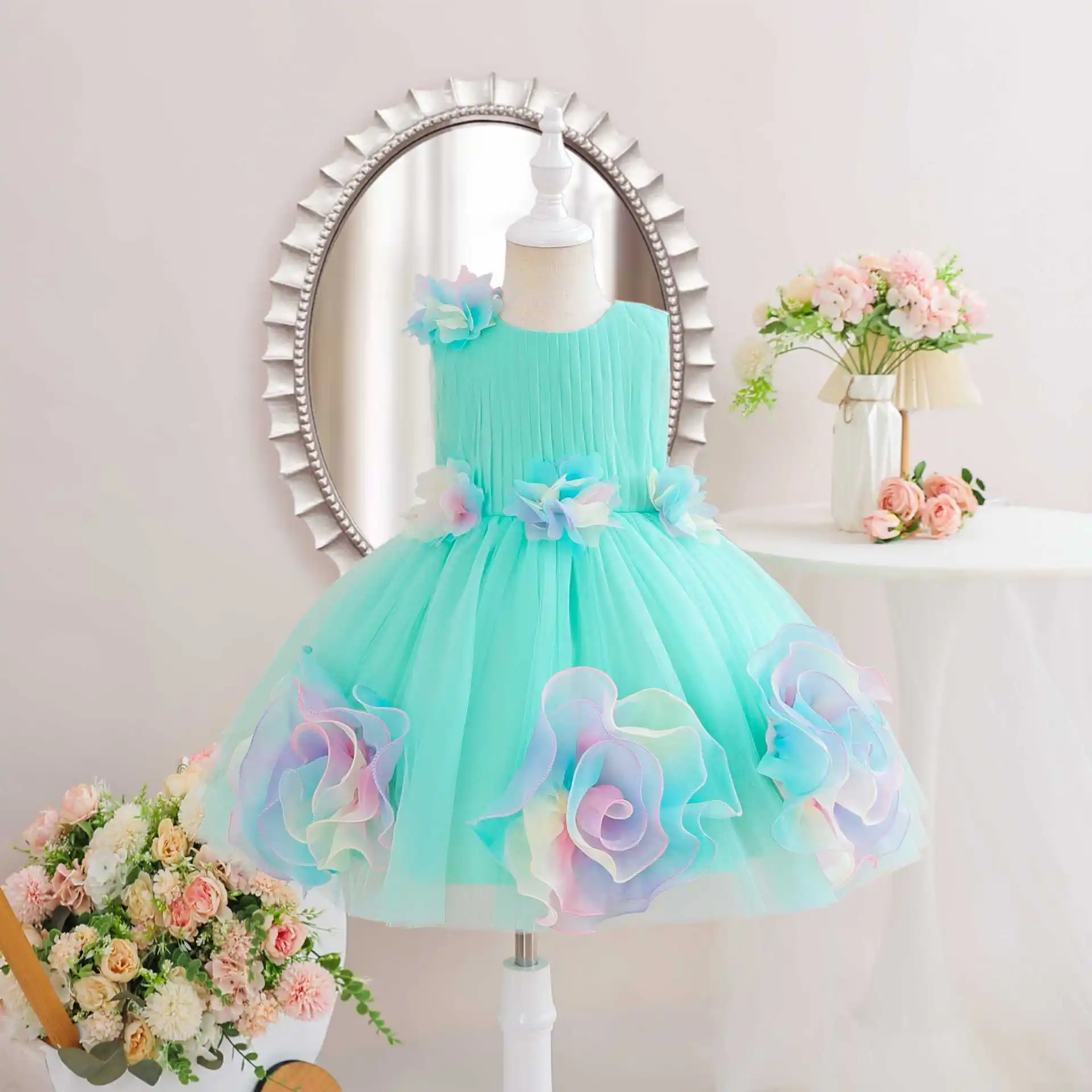 

New Girl Party Dress with Big Flowers Baby Girls' Festival Tulle Dresses Performance Kid Girly Clothes