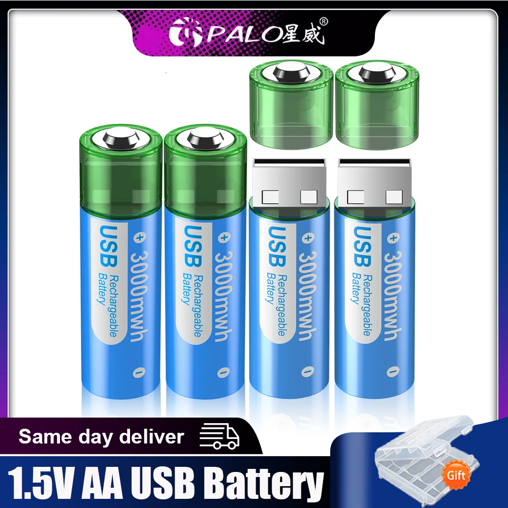 PALO 3000mWh 1.5V AA USB Rechargeable Lithium batteries 1.5V 2A AA Li-ion battery HR6 USB Port Charging Battery With Battery Box