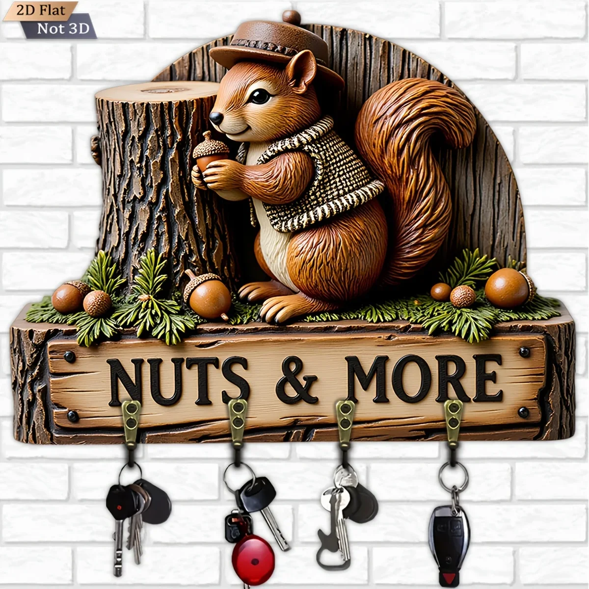 2D Flat, 1pc, Squirrel-Shaped Key Hook Wooden Multifunctional Home Key Holder with Four Metal Hooks, Wall Decoration, Porch