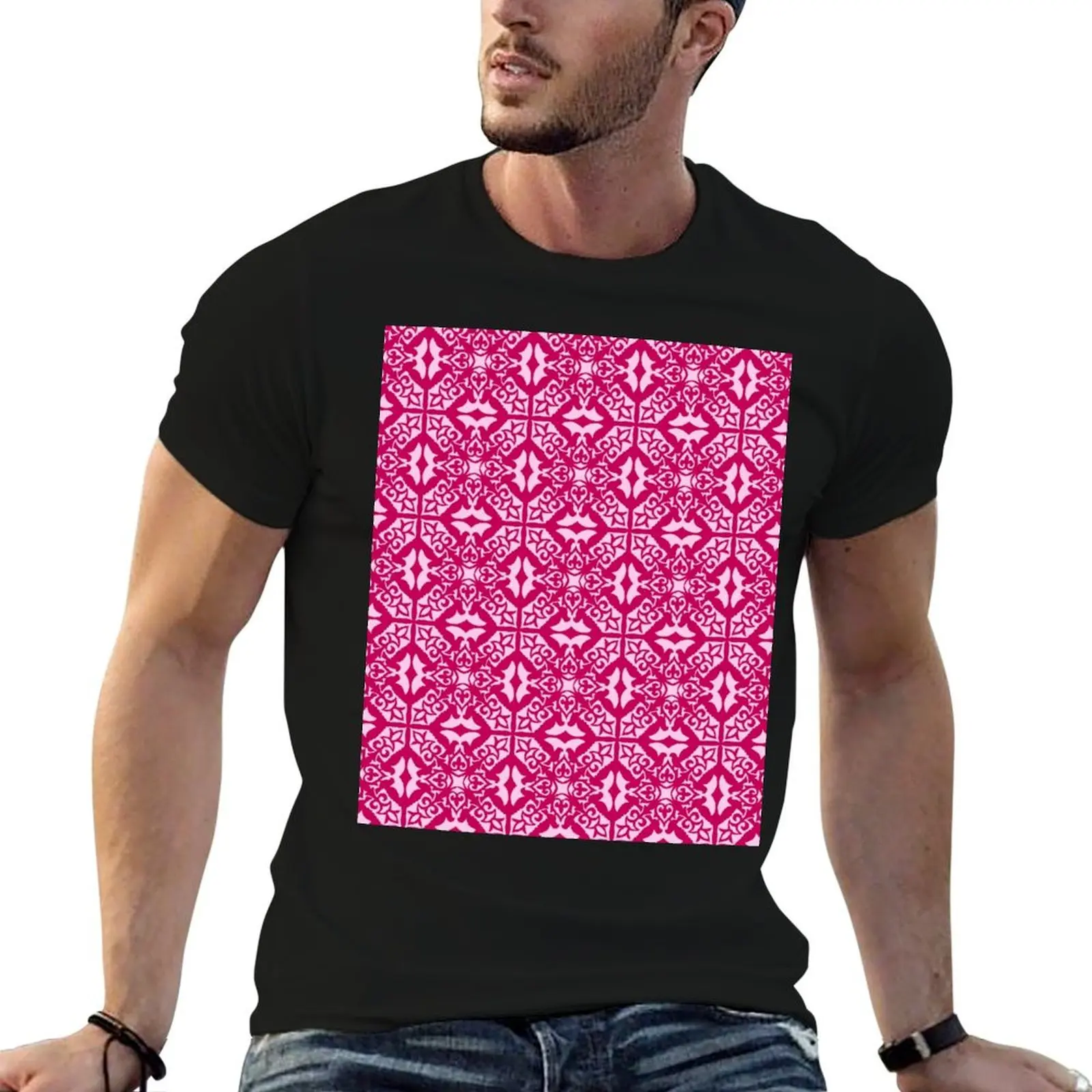 

Moroccan Tile, Fuchsia and Light Pink T-Shirt kawaii clothes graphic t shirt vintage summer clothes mens fashion