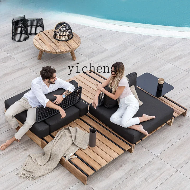 

ZC Outdoor Sofa Teak Villa Rattan Chair Solid Wood Coffee Table Outdoor Garden Courtyard Furniture