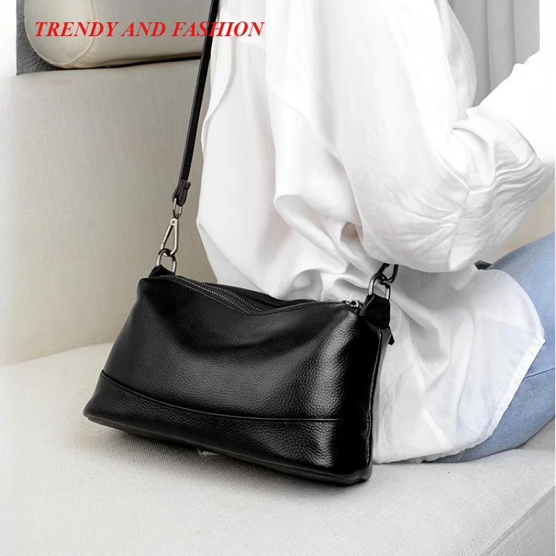 Tas Bahu Kulit Asli untuk Wanita, Dompet Selempang Kapasitas Besar dengan Tas Messenger Warna Solid Ritsleting Multi-Lapisan