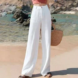 Pantalones holgados de lino y algodón para mujer, pantalón elegante de cintura alta, pierna ancha, color blanco, informal, holgado y recto, Verano