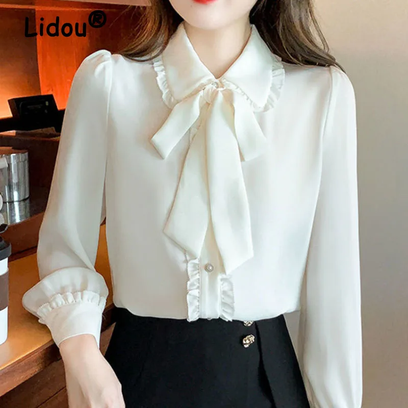 Laço branco chiffon camisa 2022 primavera verão coreano moda blusa rendas elegante manga longa camisa para roupas femininas casuais