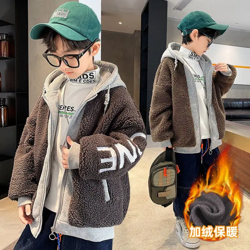

2023 Autumn Winter Big Boys' Lamb Coat Hooded Zipper Plush Thickened Warm Drawstring Patchwork Letter Print Solid 5-14 Years Old