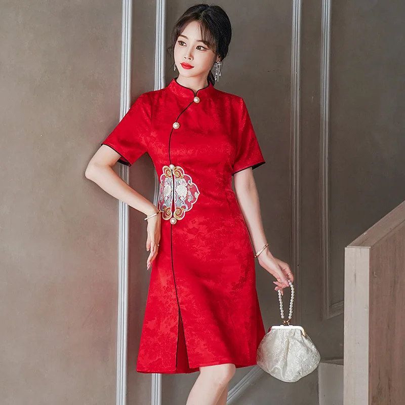 

FZSLCYIYI Sexy Short Sleeve Embroidery Satin Chinese Cheongsam Mandarin Collar Qipao Daily Evening Dress