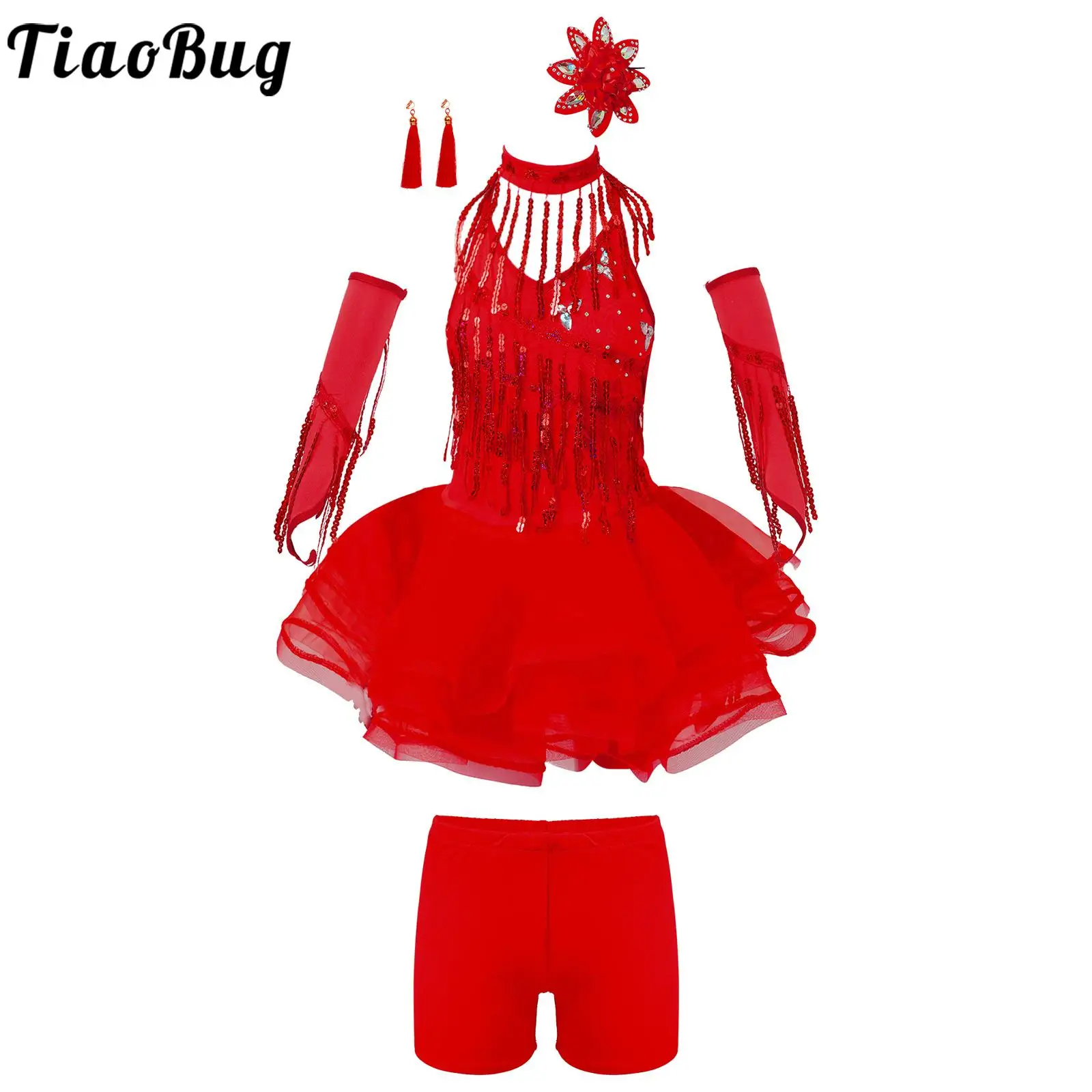 

Kids Girls Latin Tango Dance Outfits Rumba Cha Cha Dancewear Figure Skating Performance Costume Sequin Tassel Tutu Dress Shorts