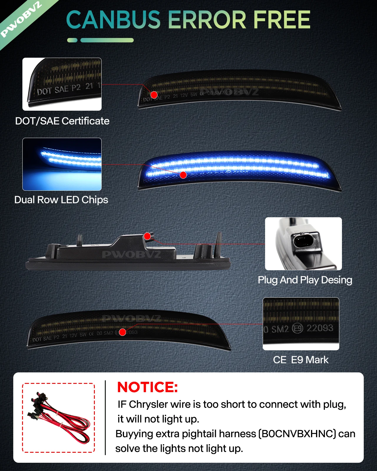 4pcs LED Dynamic Blue Parking Lamps Front & Rear Bumper Side Marker Light Fender Lamp For 2015-2023 Chrysler 300