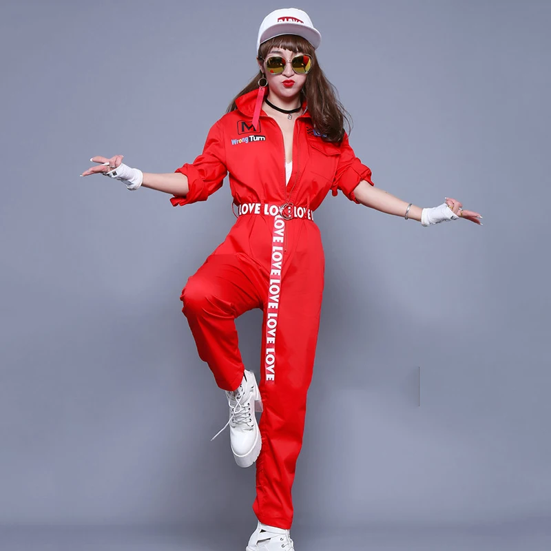 

2025 Red Long Sleeved Tooling Jumpsuit Hip Hop Clothing Street Dancewear Women Dj Rave Stage Outfit Jazz Dance Costumes women