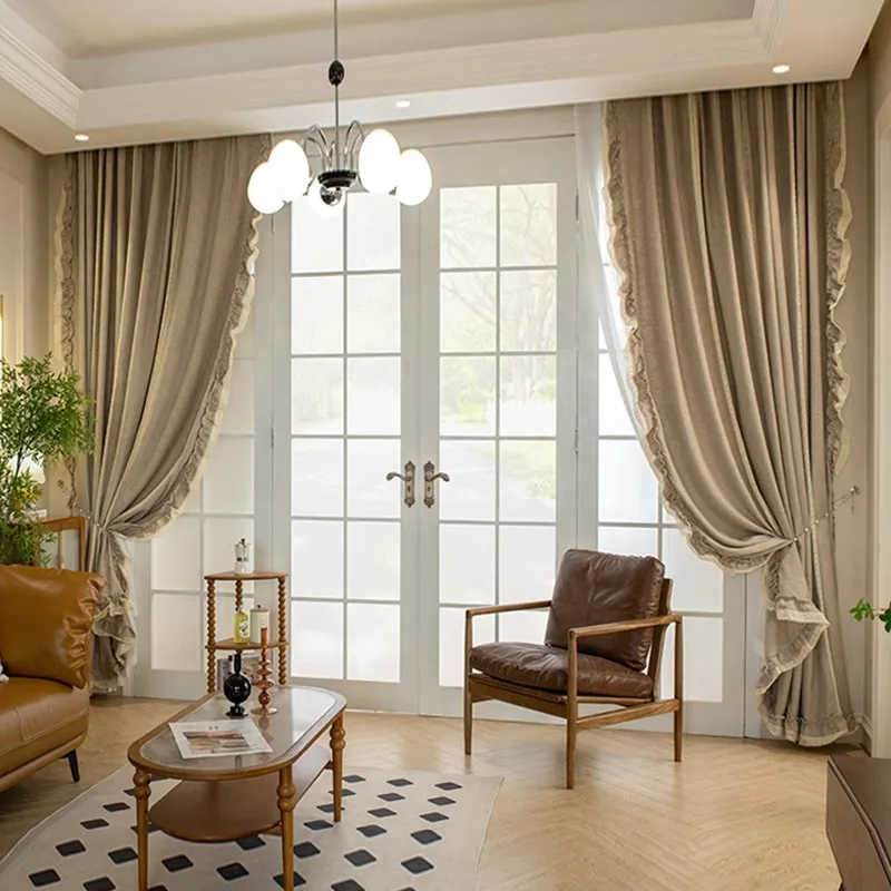 

French light luxury coffee lace high-end bedroom curtains all-match light luxury living room cotton and linen retro curtains