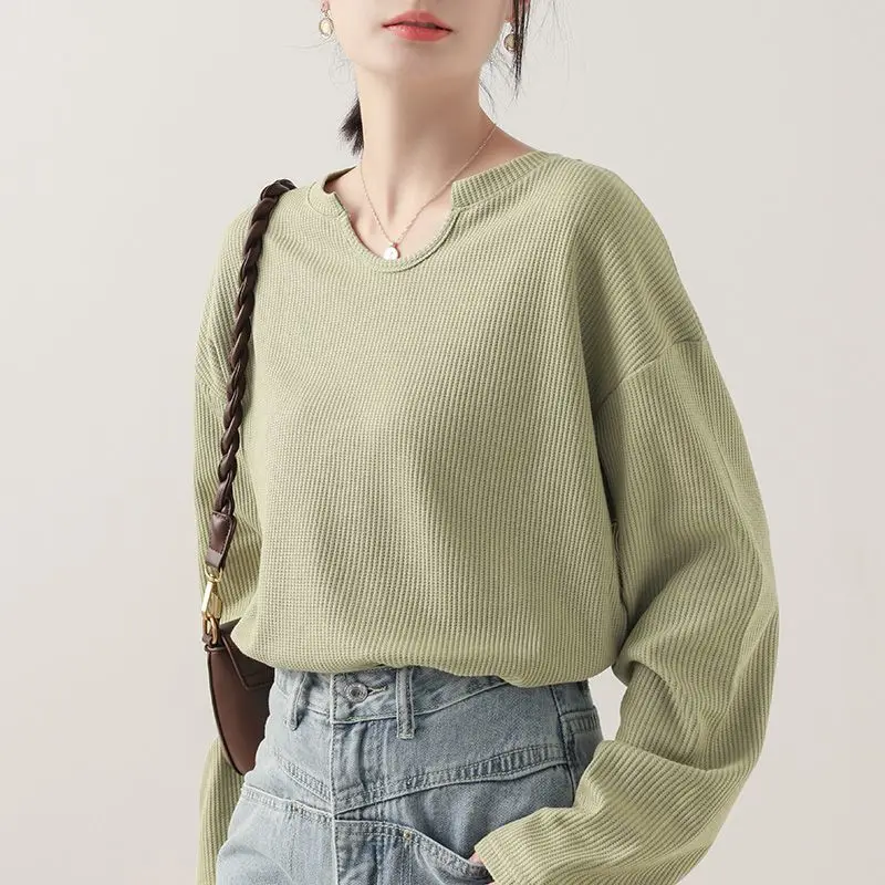 

Commute Textured Waffle Pullovers Women's Clothing Basic Solid Color Spring Autumn Irregular V-Neck Casual Long Sleeve T-shirt