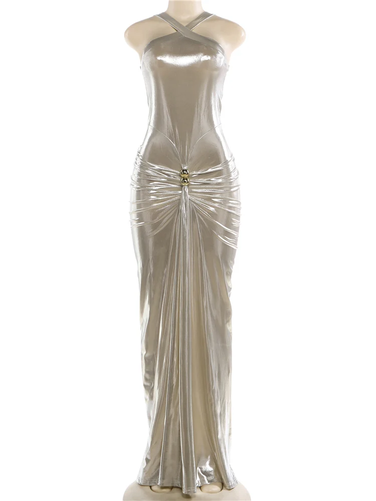 와티웨어 Ruched Cross V-Neck 가운 원피스 여성 우아한 섹시한 반사 디자인 백리스 민소매 한밤중 파티 바디 콘