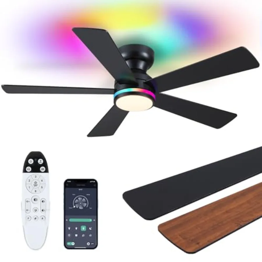 Ceiling Fans with Lights - 46" Flush Mount Ceiling Fan with Remote APP, RGB+3CCT Dimmable Led Light, Reversible 6 Wind Speedsan view 2