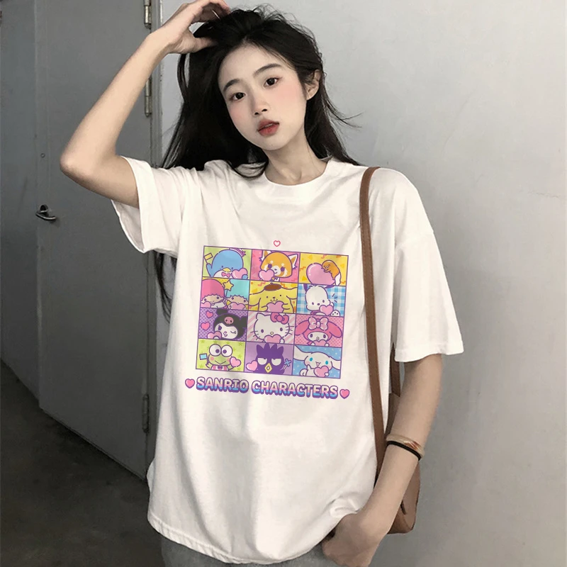 Hello Kitty Kawaii T-shirts Women Cotton Tee Shirts Anime Sanrio Kuromi Melody Cartoons Harajuku Casual Clothes Y2K Streetwear