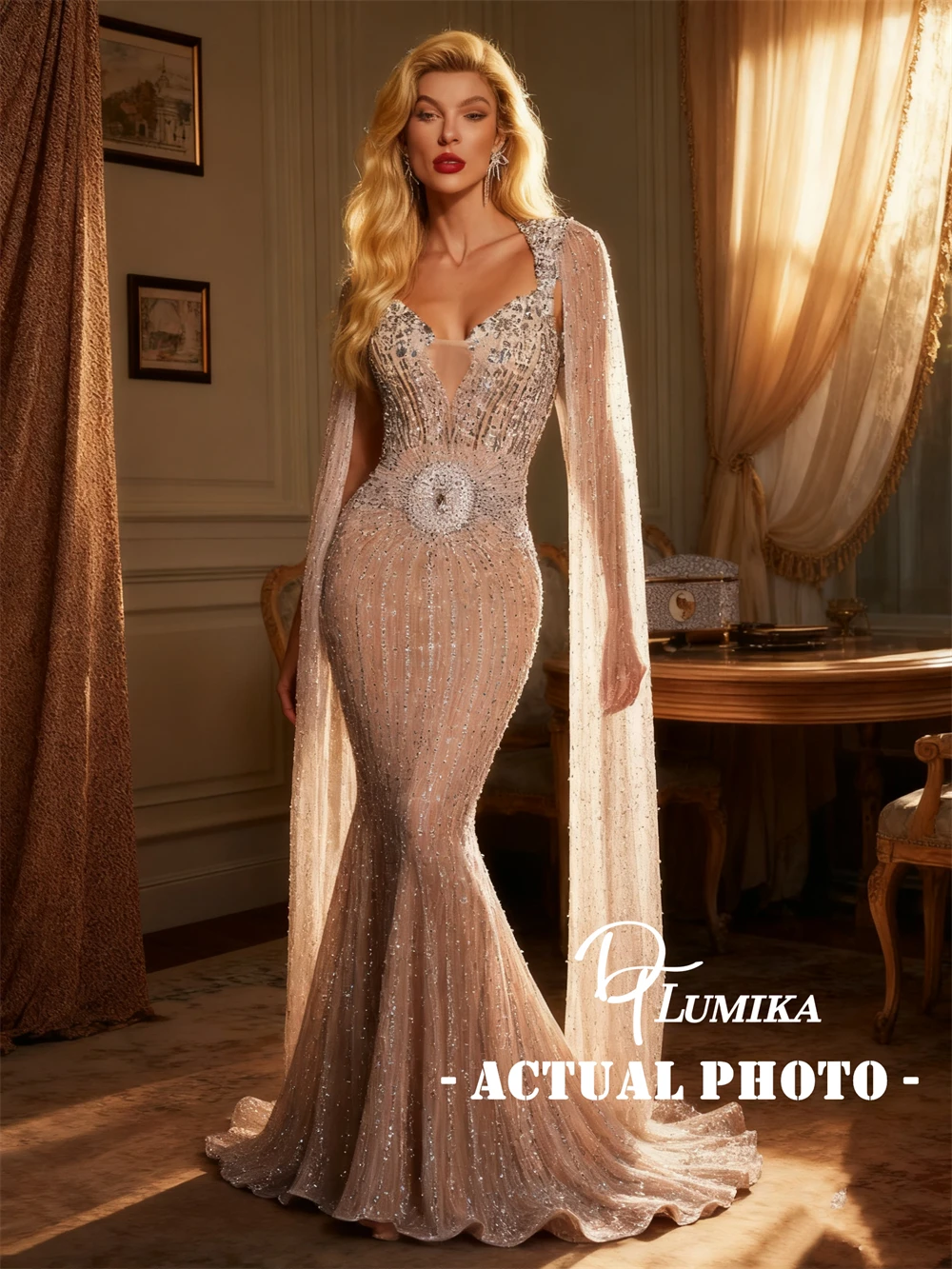 

DTLumika настоящее фото, расшитое бисером вечернее платье русалки для женщин, накидка с рукавами, платья для выпускного вечера, вечерние платья для ужина