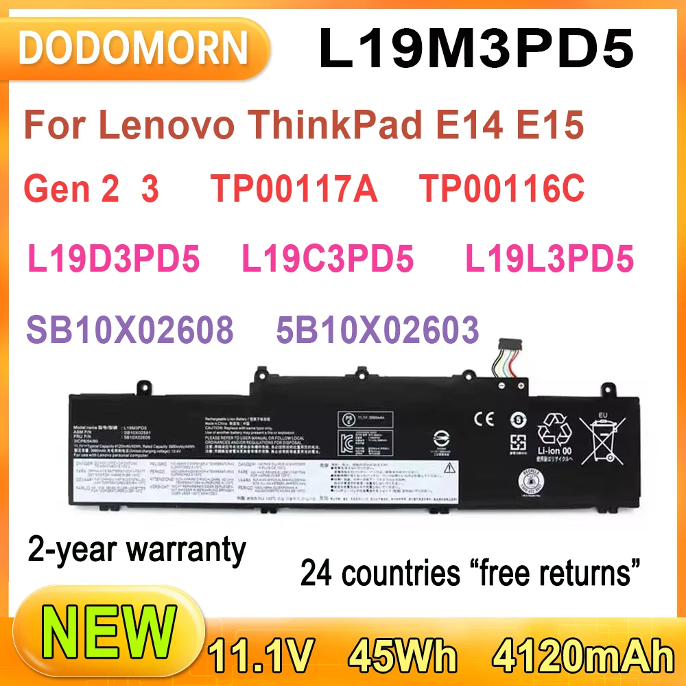 New L19M3PD5 Laptop Battery For Lenovo ThinkPad E14/E15 Gen 2/3 TP00117A TP00116C SB10X02591 5B10X02606 3ICP6/54/90 4120mAh 45Wh