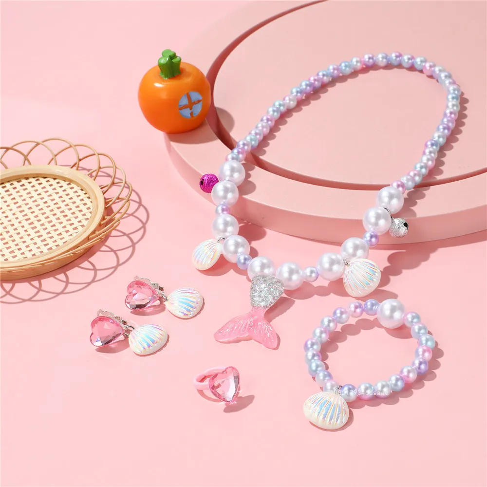 5pcs Girls Jewelry Set Mermaid Imitation Pearl Necklace Bracelet Ring Earring for Children Princess Fashion Birthday Accessories