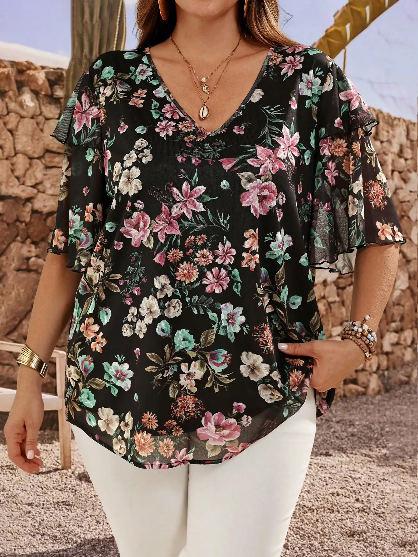 

Floral Print Ruffle Sleeve Loose Blouse Vacation Summer Tunic Top