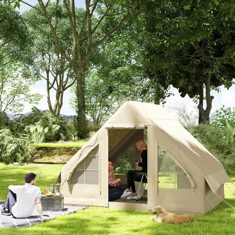 

Outsunny Inflatable Camping Tent with Hand Pump, 4 Season Blow Up Tent, Waterproof and Windproof with Mesh Windows and Doors