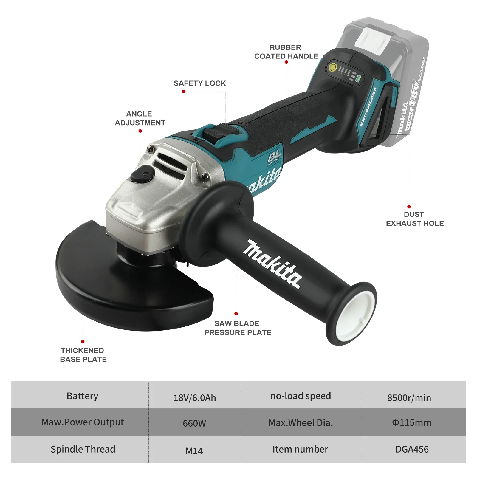 Makita DGA456-115 Wiederaufladbarer Winkelschleifer Poliermaschine Schleifschneidemaschine 18V Elektrowerkzeug