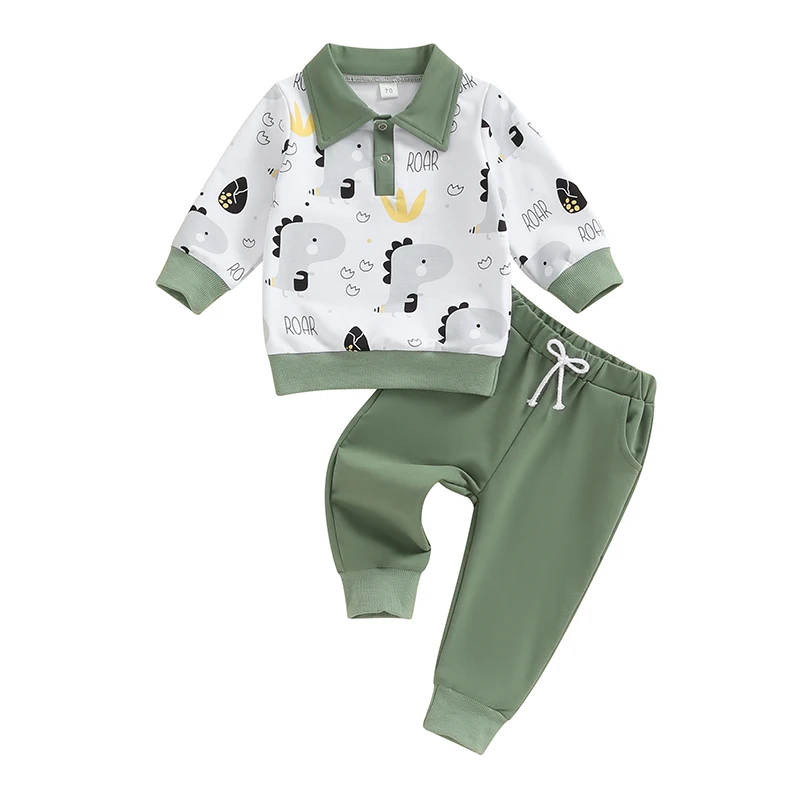 

Toddler Baby Boy Clothes Dinosaur Print Outfits Long Sleeve Lapel Sweatshirt Tops Solid Color Pants 2PCS Clothes