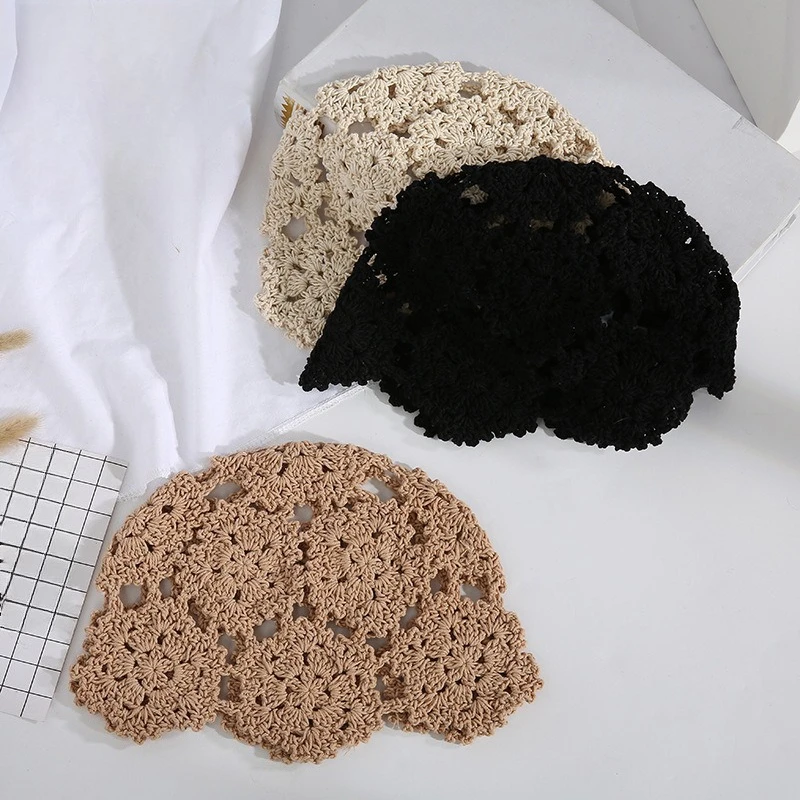 2pcs Retro Bucket Hats for Women Vintage Hollow-out Ethnic Style Hand-knitted Pullover Caps Flower Tassel Soft Fabric Artist's