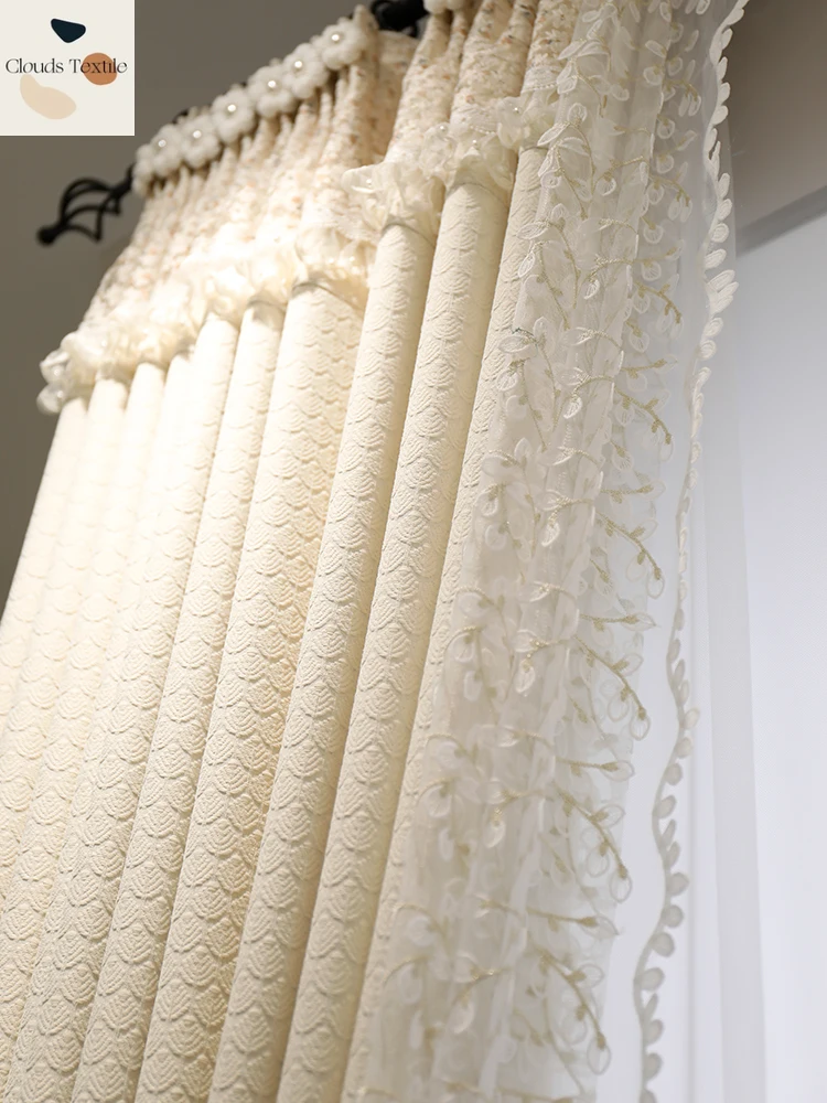 

Light French Jacquard Custom Chenille Cream Breeze Curtains for Living Dining Room Bedroom Premium Feeling Princess Blackout