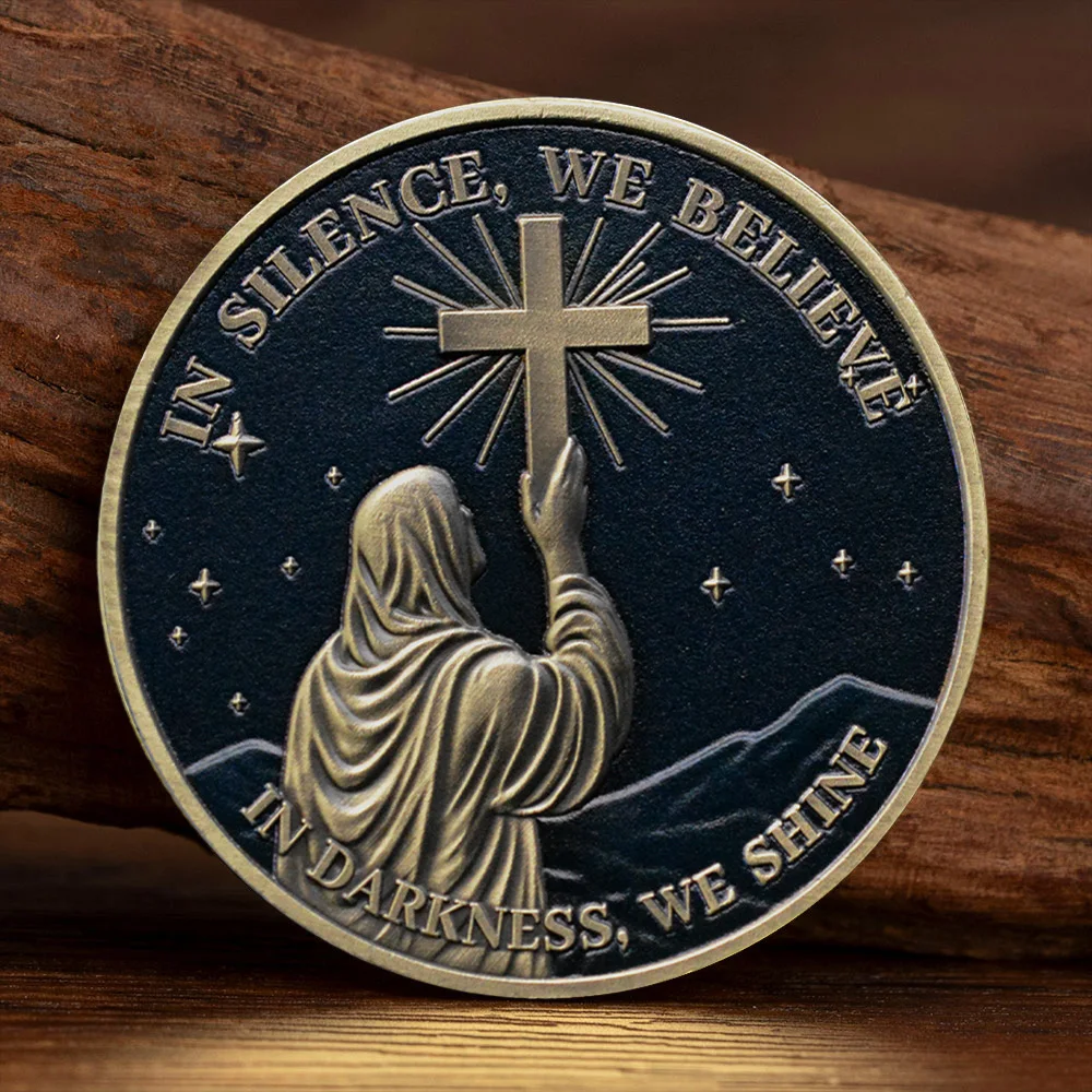In Silence We Believe in Dark We Shine Collection Coin Gold Plated Jesus Cross Souvenir Coin