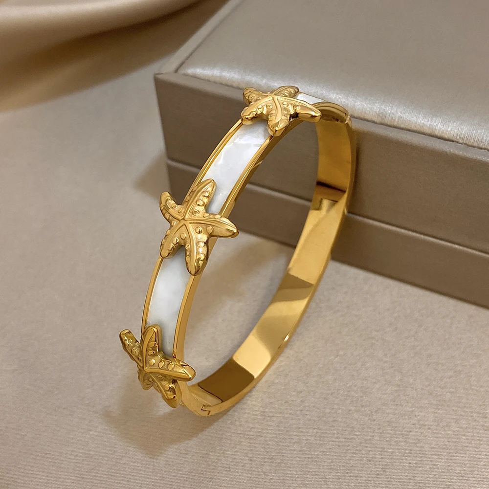 Flashbuy نمط جديد الذهب اللون خمر نجم البحر سحر قذائف الفولاذ المقاوم للصدأ أساور سوار للنساء تكويم المعصم مجوهرات #5