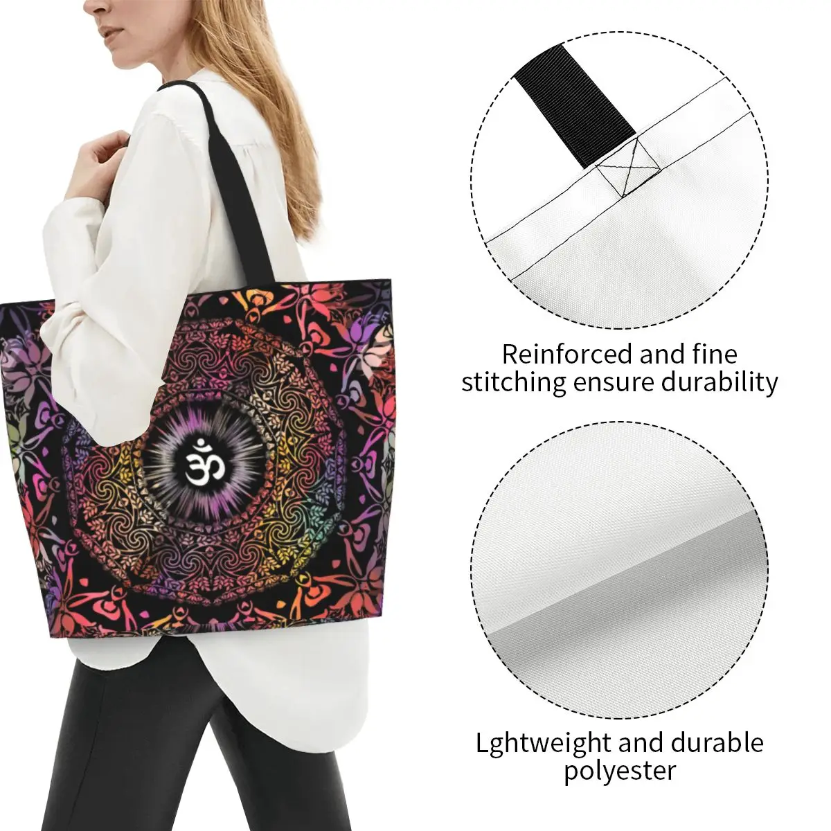Personalizzato Mandala Om buddismo Aum Shopping Canvas Bag donna riutilizzabile grande capacità generi alimentari Zen Yoga meditazione Shopper Tote
