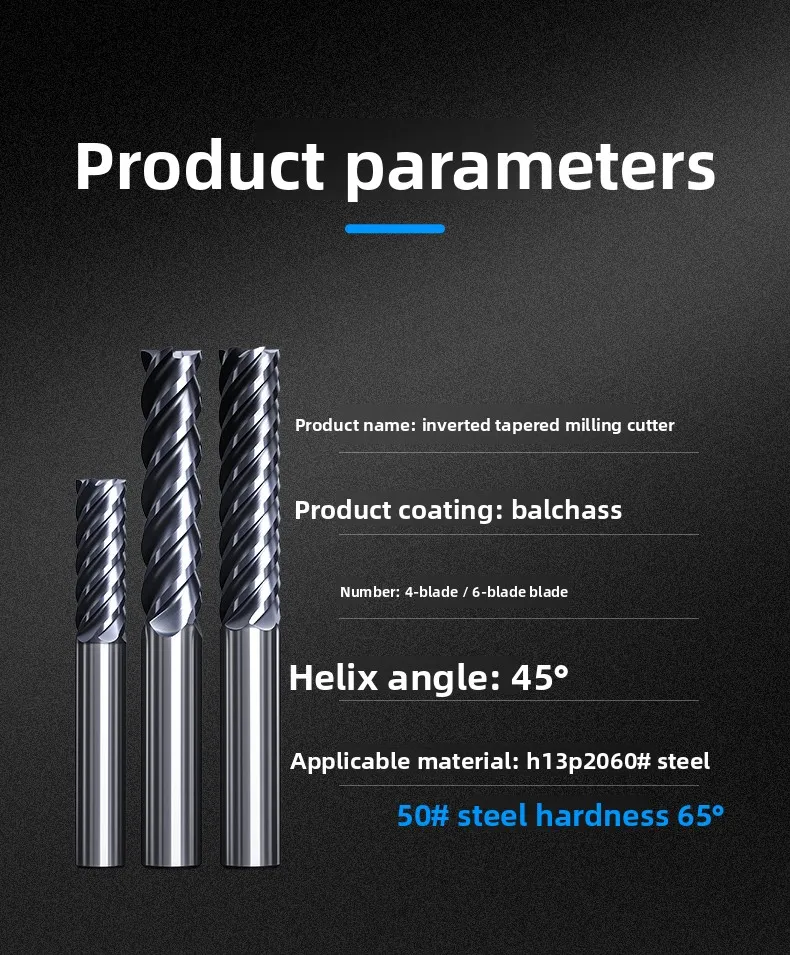 HRC65 Hartmetall-Fräser 4 6 Schneiden Umgekehrte Konische Verlängerte Schaftfräse 10 12 16mm für Formenbau-Basismetallbearbeitung – Detail 11