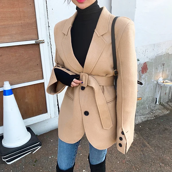 2026 New Chic Korean Style Pure Color Lapel Belted Two-Way Patchwork Suit Coat Sweet Style Woolen Material Winter Youth Women