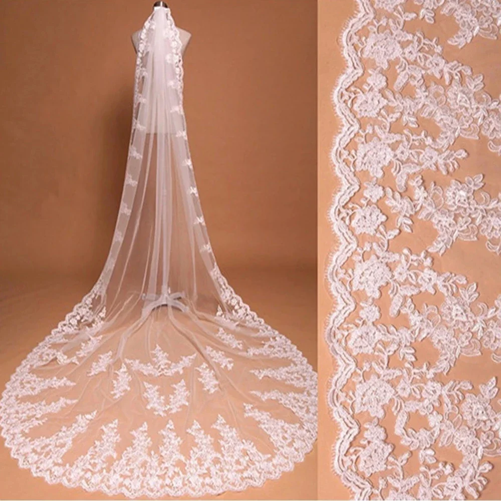 New White Ivory Long Bridal Veils One Layer Wedding Veil Lace Appliques Soft Net Cathedral Veil velos de novia voile de mariée