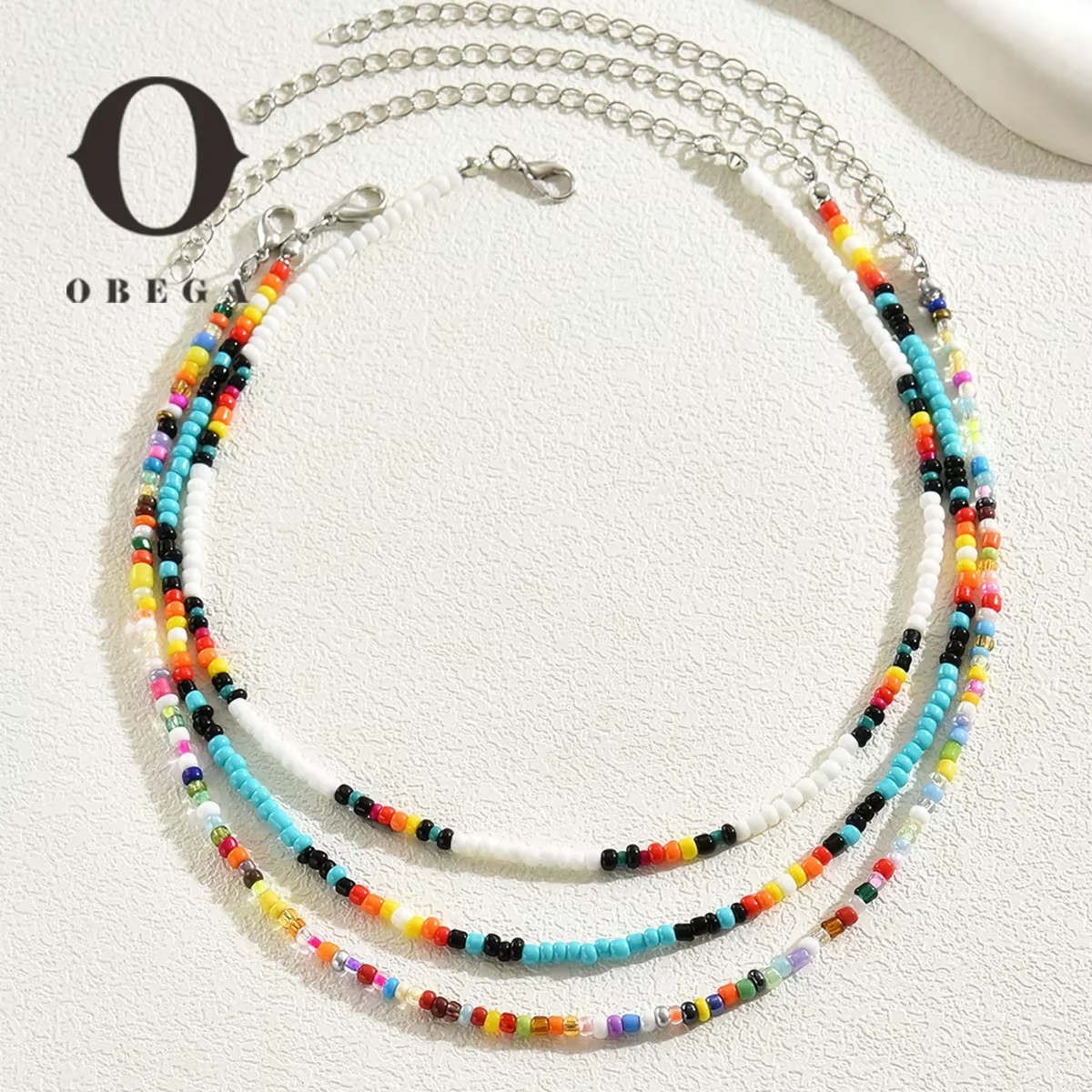 Obega Funky Colorful Glass Bead Three Layered Choker Bohemia Style Colorful Beads Necklace For Women Fascinating Jewelry