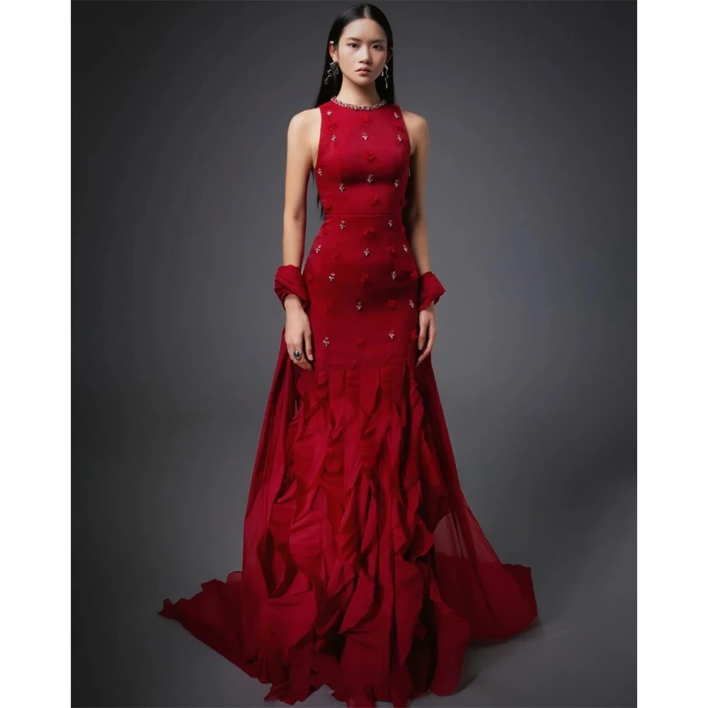 

Red Prom Dresses Jewel O-Neck Sleeveless Pleat Mermaid Formal Party Dresses Crystal Jersey Long Evening Gowns Customized