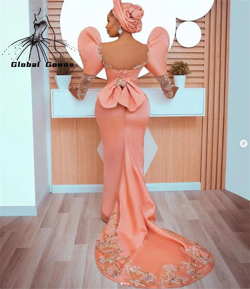 Aso Ebi African Pink O Neck Evening Dresses For Black Girls 2024 Lantern Sleeve Birthday Party Gown Beaded Appliques Customized