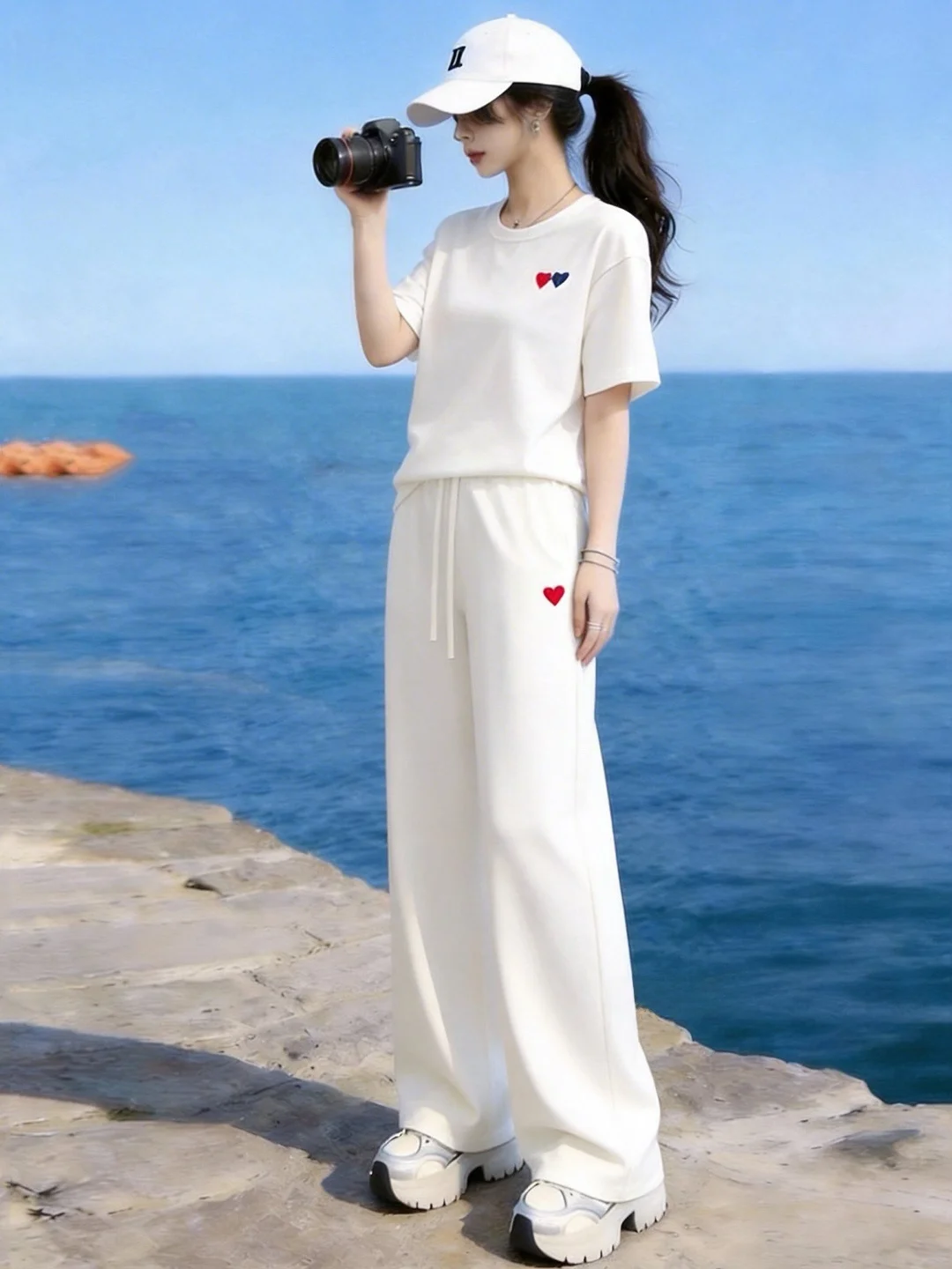 

Casual Fashionable Summer Set Women's Short Sleeve Slimming White Wide Leg Pants Sport Two Piece Set Cotton T-Shirt Long Pants