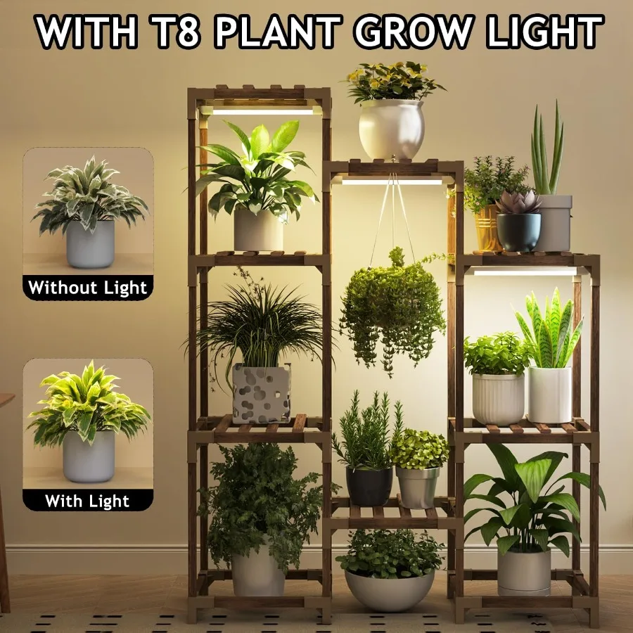 Plant Stand with Grow Light Lighted Plant Shelf Indoor for Multiple Plants Wood Tall Plant Rack with Grow Lights Flower