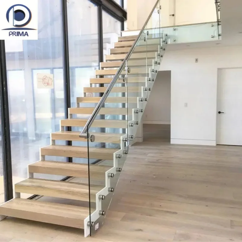 custom.Modern Straight Floating Staircase with Wooden Steps and Decorative Beam Staircase Home Use
