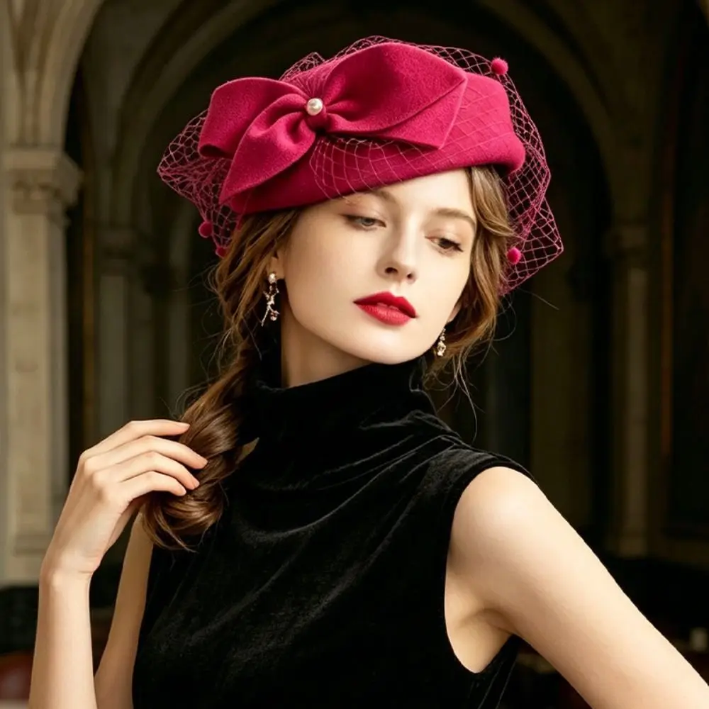 Woolen Top Hat French Style Bow Fedora Hat Fedoras Pearls Pillbox Hat Dome Air Hostess Medicine Box Hat Banquet