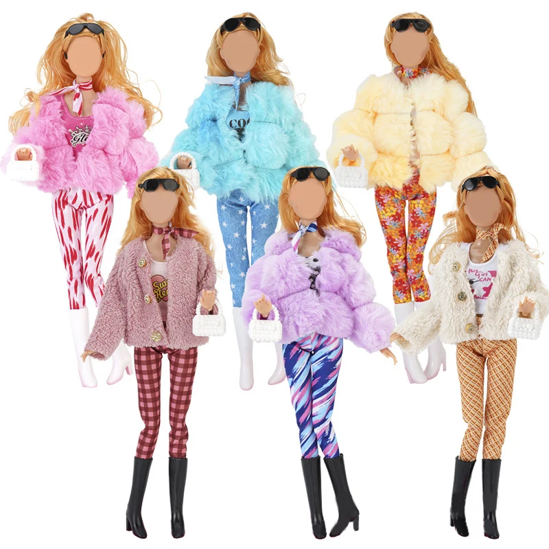 

30CM Doll Clothes Winter Plush Fur Coat Pants Clothing For Doll Clothes Dollhouse Accessories Girl`s Toy