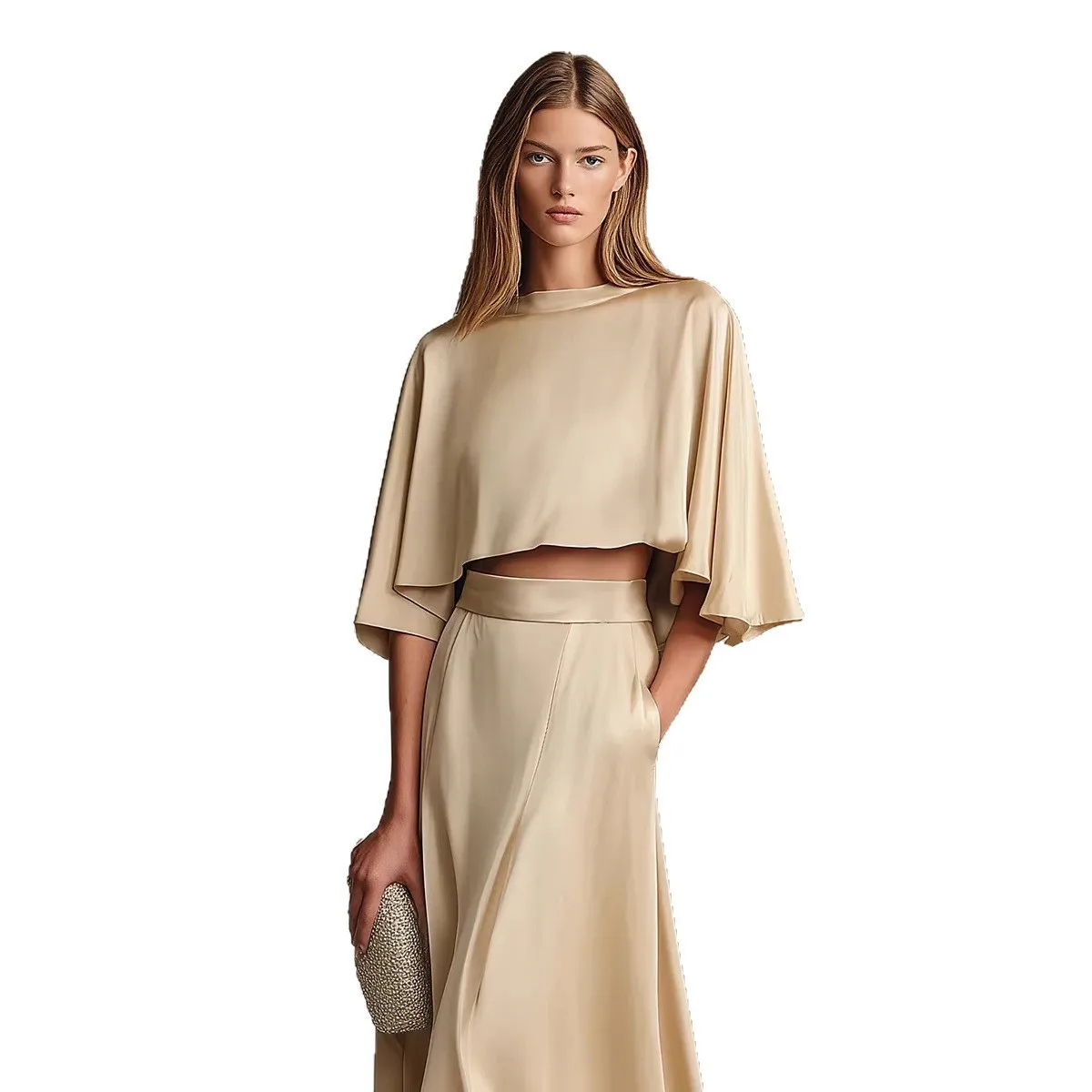 Elegant Style Satin Sleeve Shawl Women's Dress Set Spring Autumn New Arrival Luxury Fashion Three-piece Casual  Color