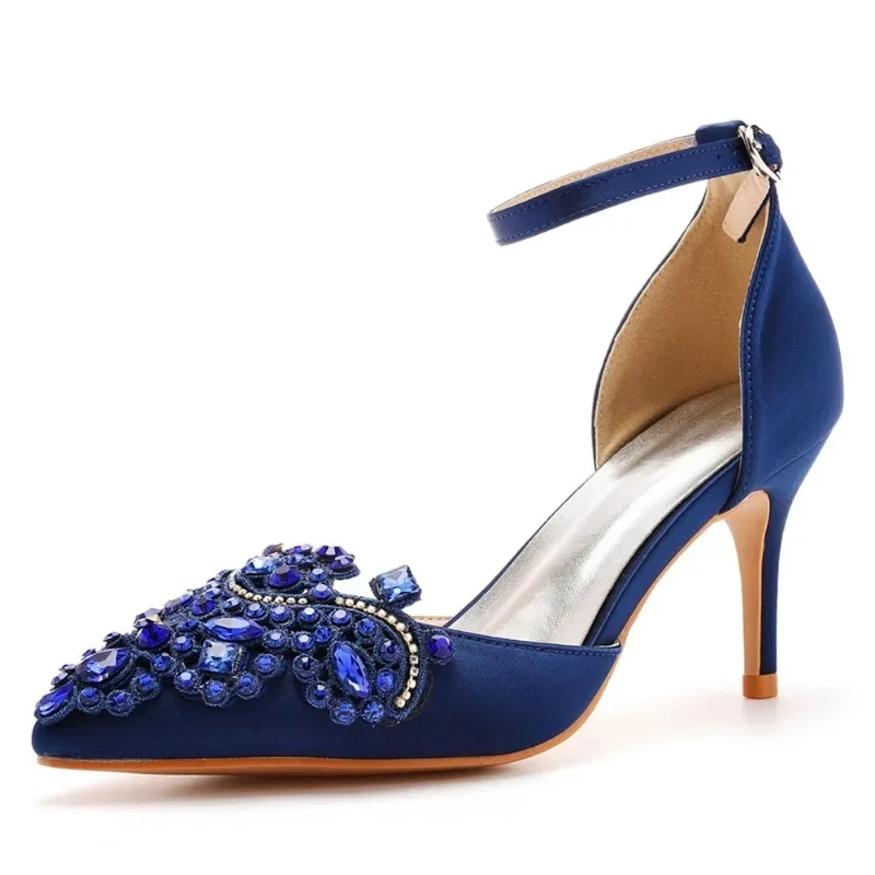 Strap Sandals Party Rhinestone Silk 7CM Cover Heel Buckle Strap Formal Dress Shoes For Women Navy Blue Dance Female Shoes