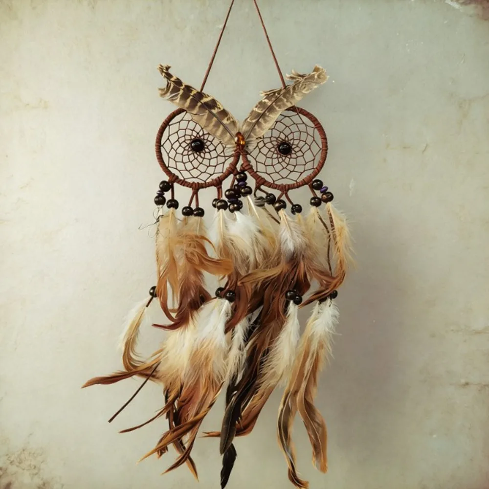 Hand Knitted Owl Style Dreamcatcher, Natural Feather & Bead Wall Hanging Ornament, Boho Interior Decor & Housewarming Gift.