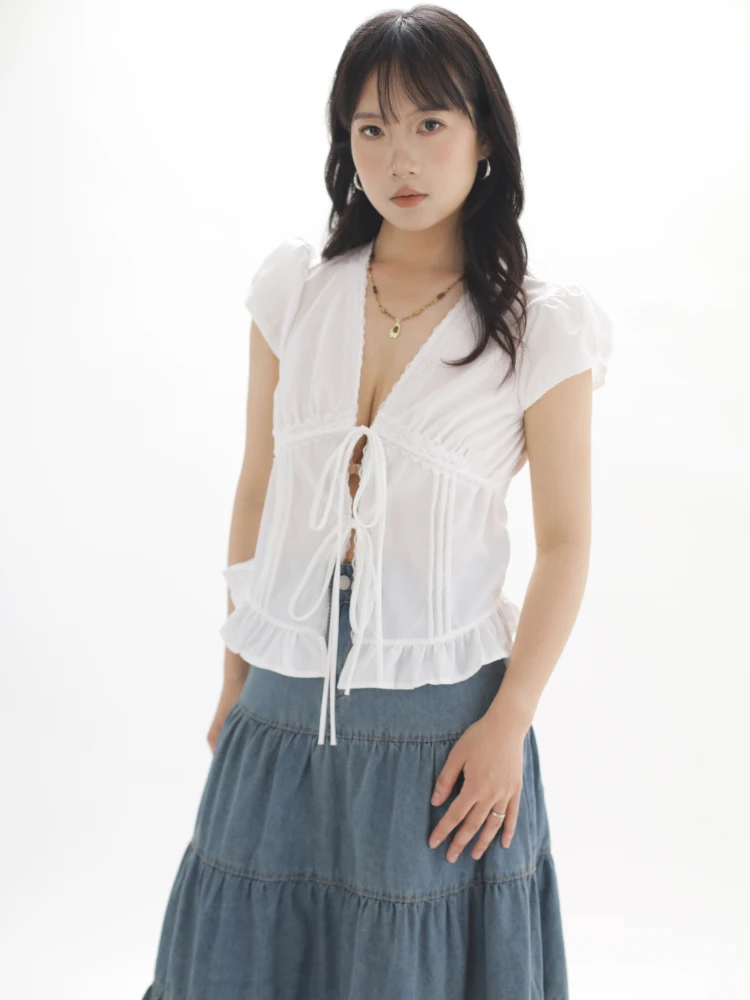 

White Vintage V-ne Bubble Sve Dstring Fixed Lace Hem ort Sve irt Ohmyloli Commute Sle Loose Fit Polyester