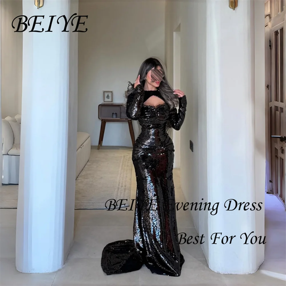 BEIYE Luksusowa Sukienka Wieczorowa Syrena z Cekinową Koronką, Długie Rękawy, Dekolt O-Neck, Plisowana Sukienka na Bal, Suknia na Przyjęcie, Szyta na Miarę فساتين سهرة