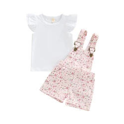 Kids Clothes Girls Summer Outfits Children Clothing Short Sleeve Round Neck Tops + Flowers Printed Suspender Short Pants Set