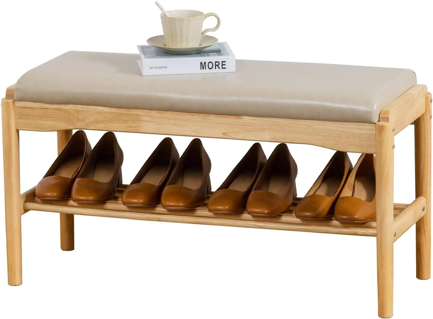 

Entryway Shoe Bench with Cushioned Seat, 2-Tier Rubberwood Shoe Rack for 8-12 Pairs, 31.5" Storage Bench, Beige & Natural Wood