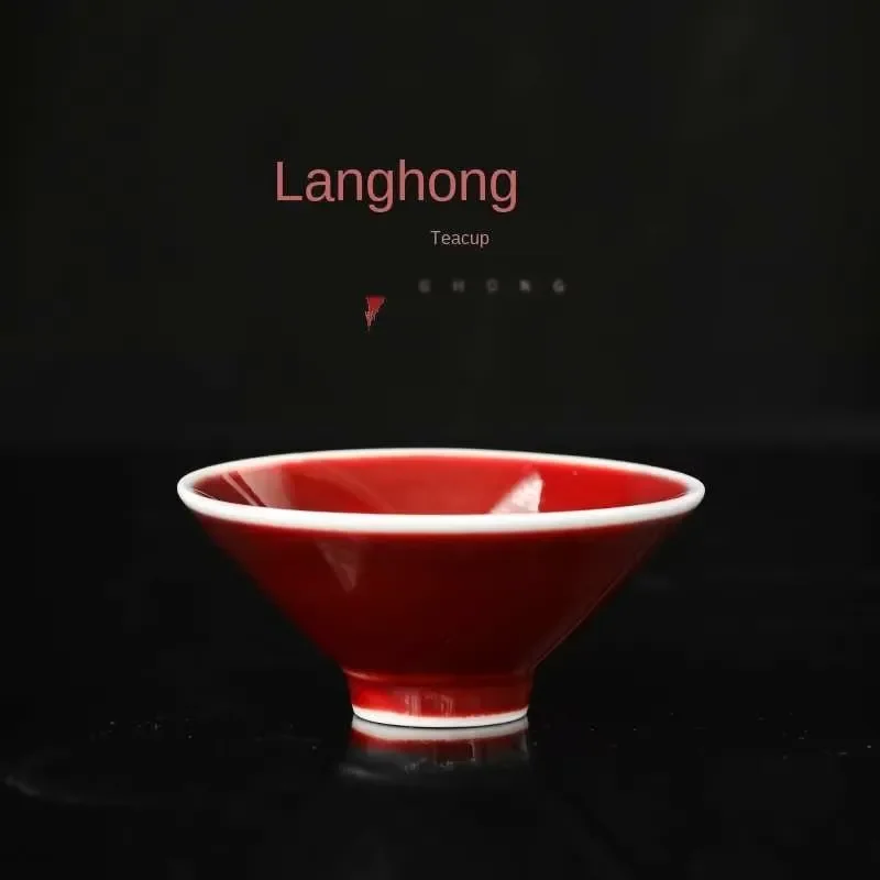 【CHIMU HOME】 Handmade Bamboo-Hat Style Cup for Jingdezhen Lang Black Yunhuatang Red Glaze Each Unique Masterpiece