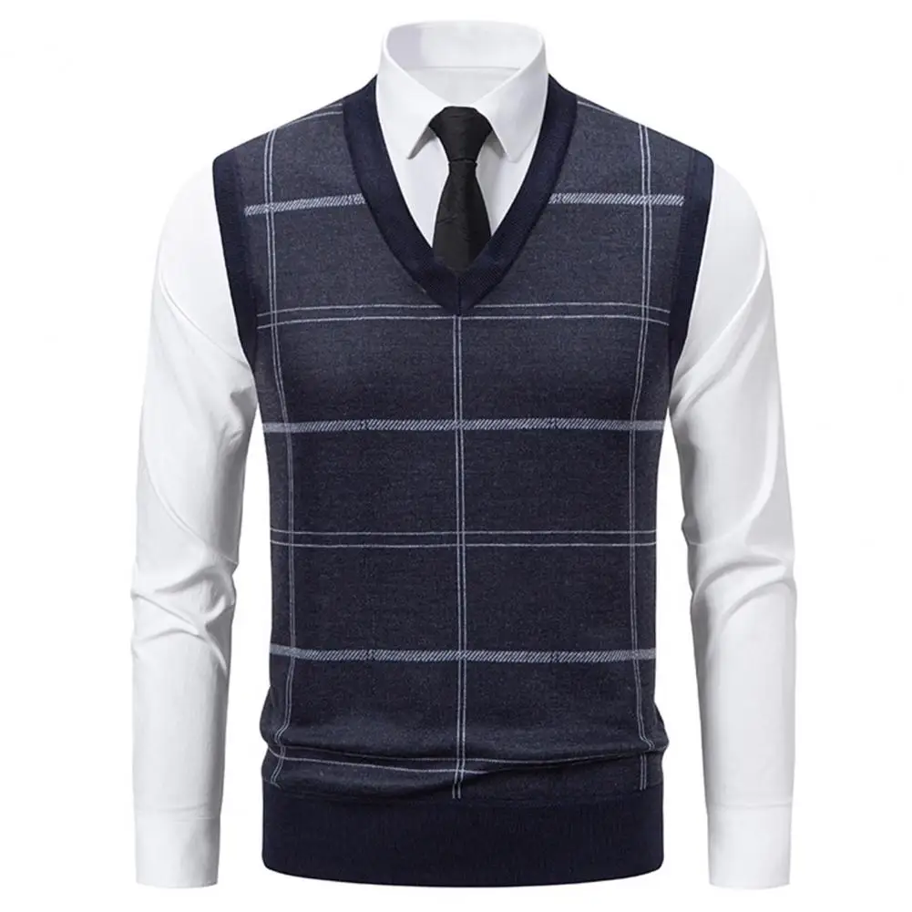 

Simple Men Vest Stylish Men's Plaid Print Knitwear Vest with Velvet Lining for Autumn Winter V-neck Sleeveless Casual Sweater